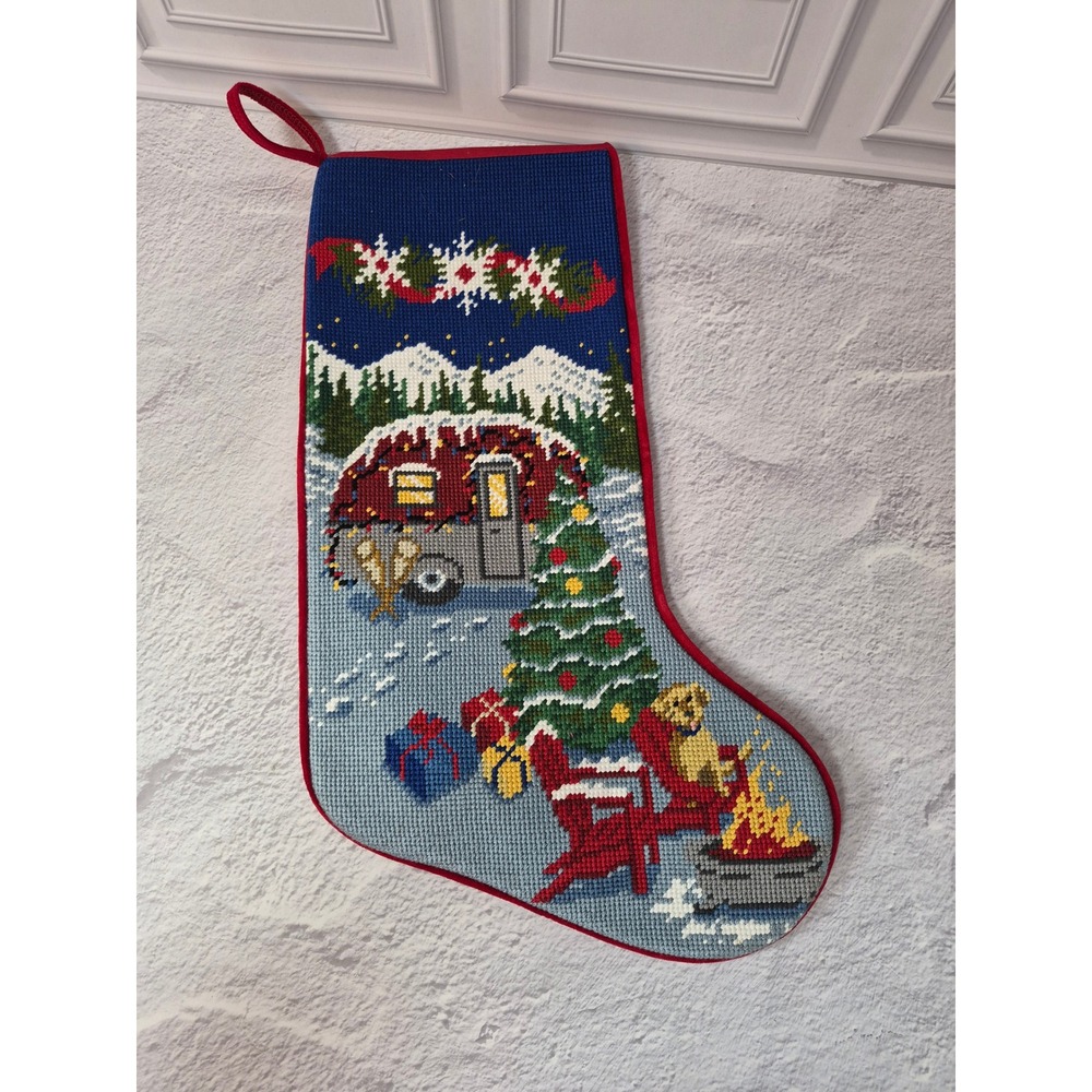 LL Bean Needlepoint Christmas Stocking Camping Vintage Camper Dog Fireplace Red